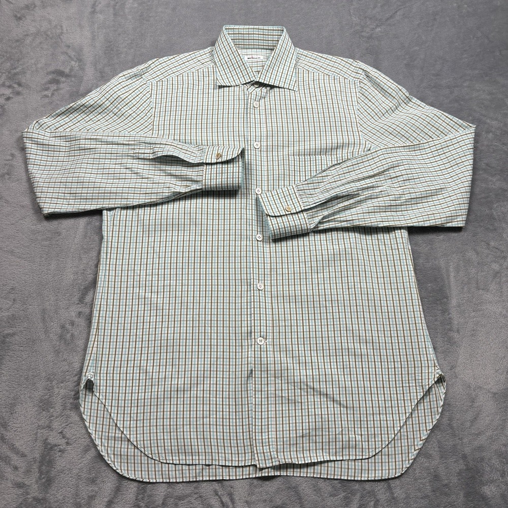 Kiton Men's Dress Shirt 100% Cotton Plaid Blue White Italy Luxury Men's Large